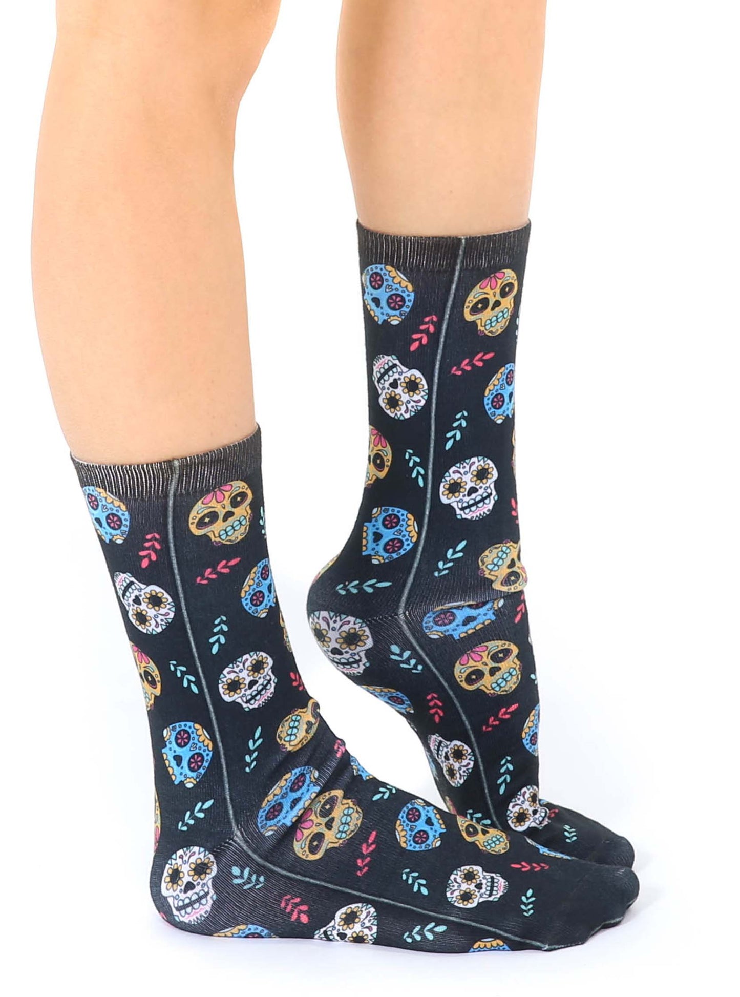 Novelty Graphic Crew Socks - Sugar Skulls - Black
