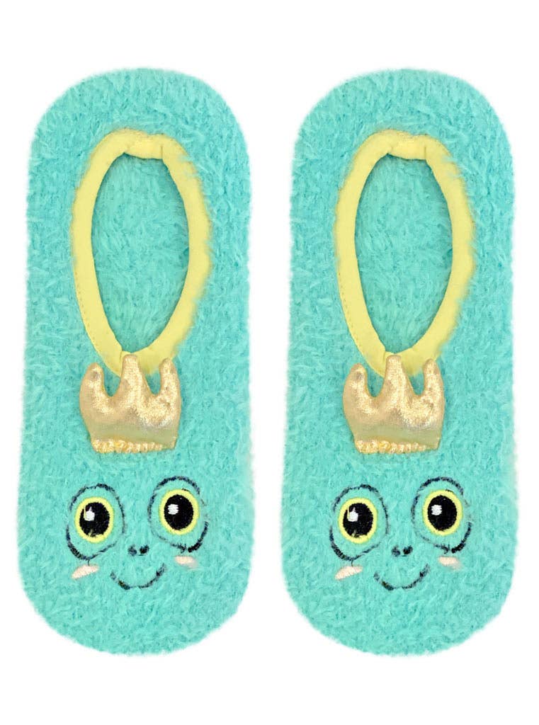 Fuzzy Slipper Socks w/ 3D Crown - Frog Prince - Teal Green
