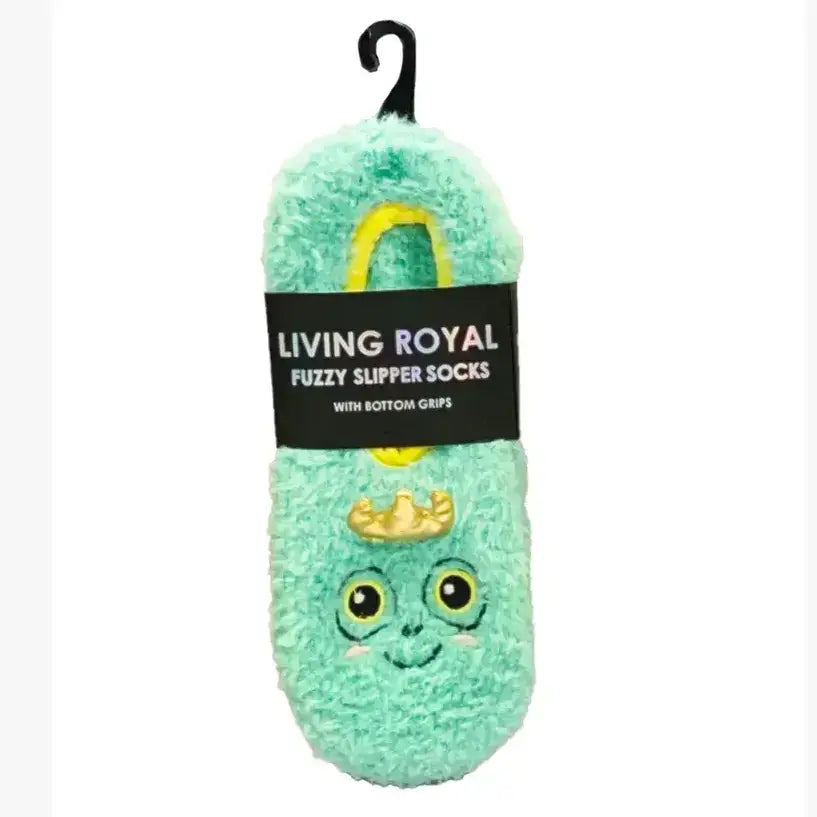 Fuzzy Slipper Socks w/ 3D Crown - Frog Prince - Teal Green