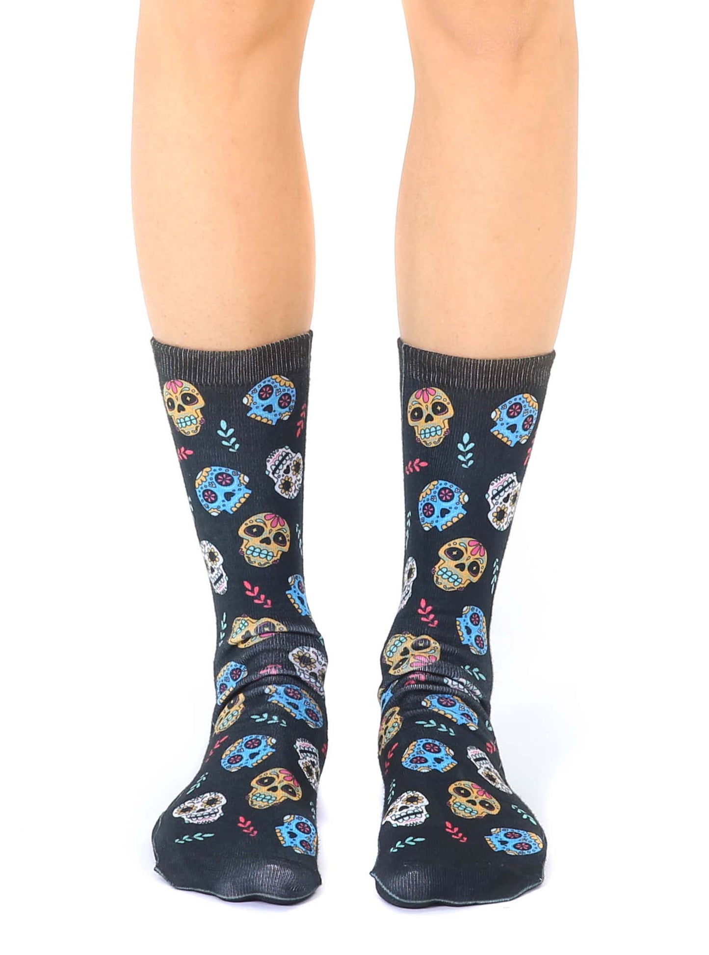Novelty Graphic Crew Socks - Sugar Skulls - Black