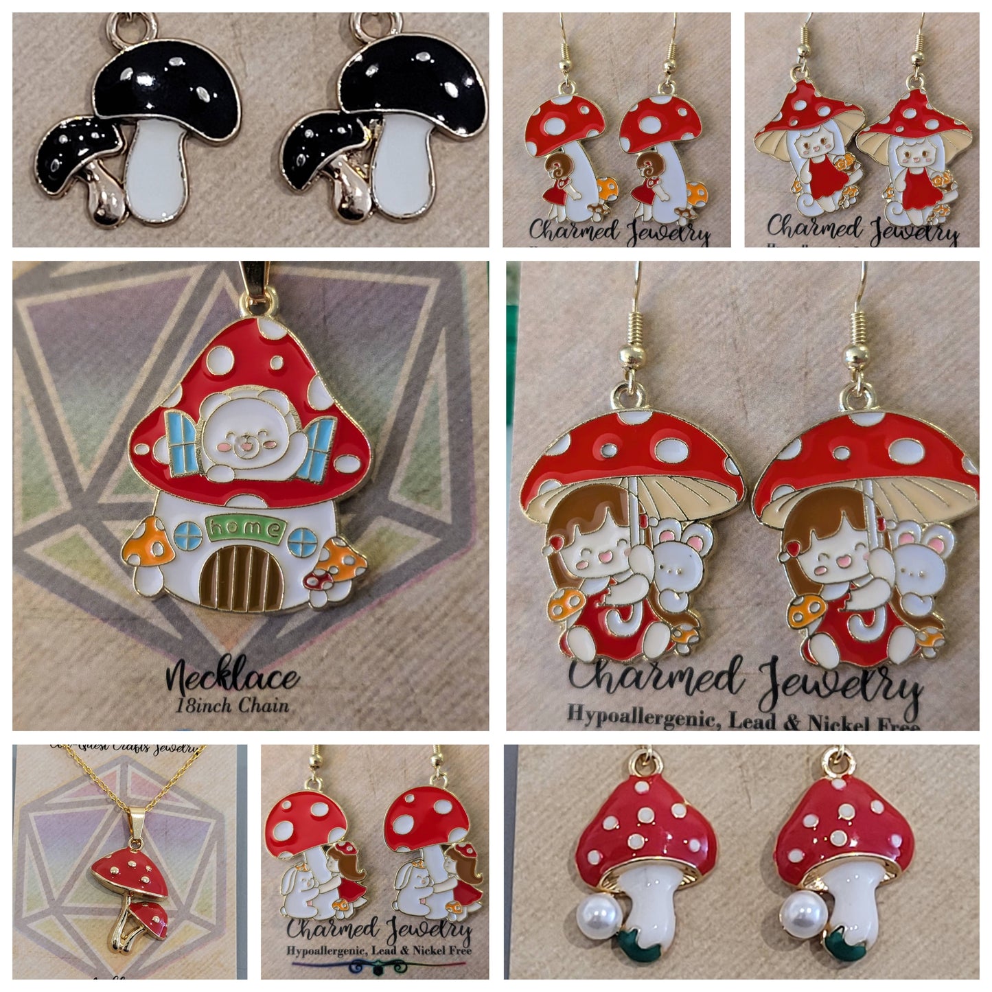 Mushroom & Toadstool Earrings, Necklaces & Zipper Pulls
