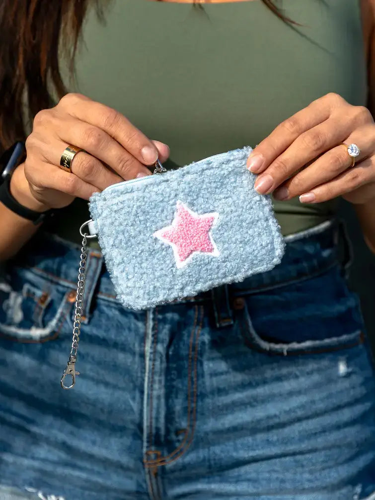 Keychain Pouch - Pink Star - Light Blue