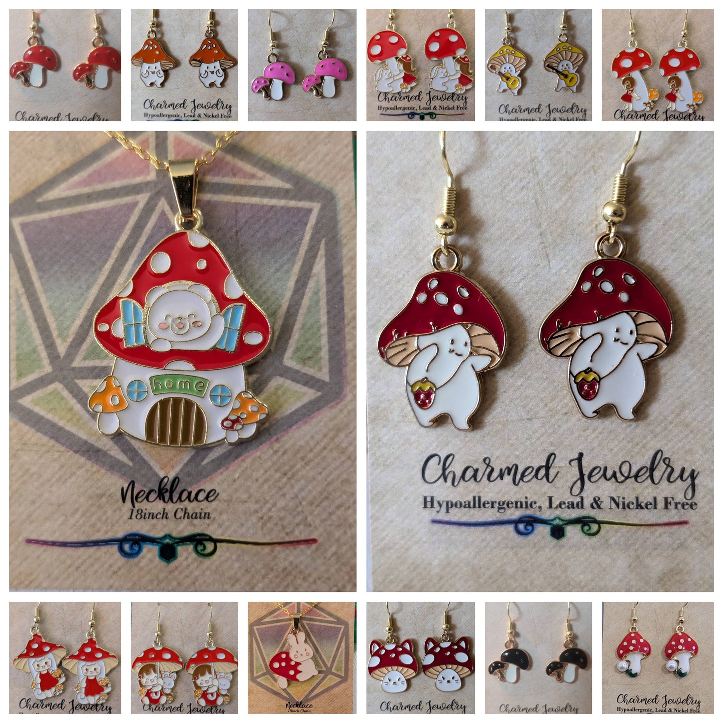 Mushroom & Toadstool Earrings, Necklaces & Zipper Pulls