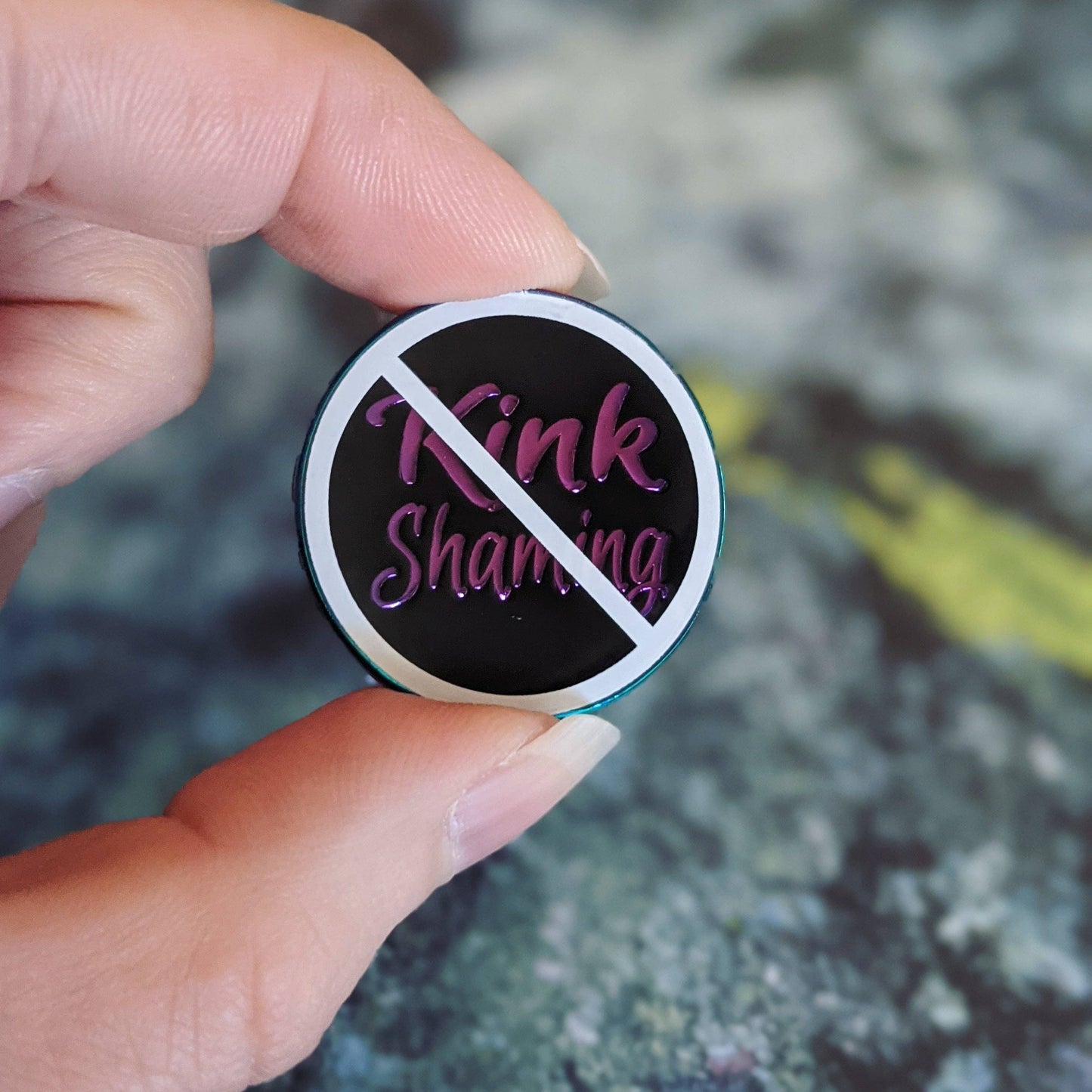 No Kink Shaming soft enamel pin with epoxy (black/rainbow version)