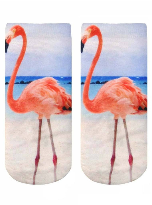 Novelty Graphic Ankle Socks - Flamingos on the Beach
