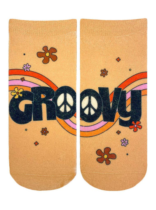 Novelty Graphic Ankle Socks - Retro Themed - "Groovy" - Tan