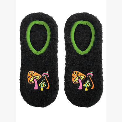 Fuzzy Slipper Socks - Funky Mushrooms - Black