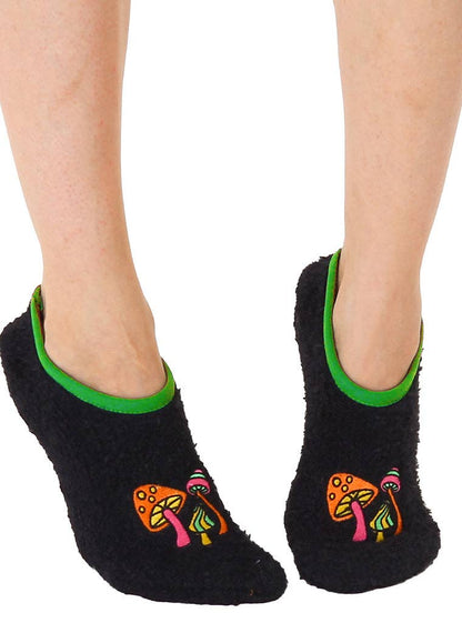 Fuzzy Slipper Socks - Funky Mushrooms - Black